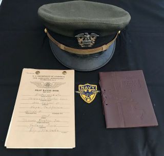 Ww2 Us Navy Aviation Officers Green Uniform Visor Hat W/log Book,  Photo Book