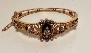 Antique 14k Gold Bracelet - 8 Tiny Diamonds - 8 Tiny Pearls - Onyx - 14 Dwt - Victorian?nr