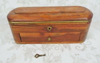 Antique Vintage Wood And Brass Locking Storage Box With Key And Drawer
