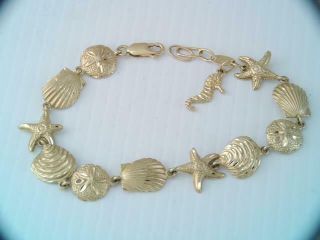 14k Solid Gold Michael Anthony Sea Life Charm Bracelet Starfish Clams Seahorse