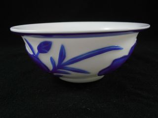 Chinese Peking Glass Bowl Cobalt Blue Bird Lotus Flowers Bright White Cameo 2