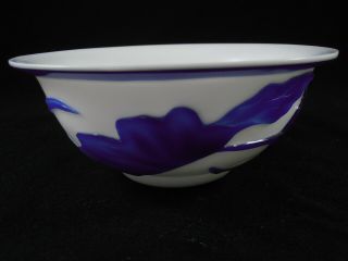 Chinese Peking Glass Bowl Cobalt Blue Bird Lotus Flowers Bright White Cameo 3
