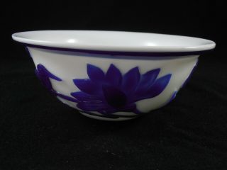 Chinese Peking Glass Bowl Cobalt Blue Bird Lotus Flowers Bright White Cameo 4
