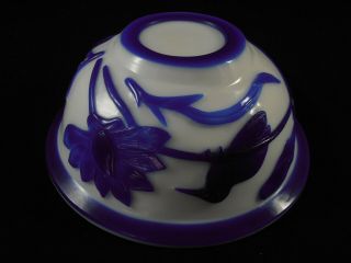 Chinese Peking Glass Bowl Cobalt Blue Bird Lotus Flowers Bright White Cameo 7