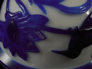 Chinese Peking Glass Bowl Cobalt Blue Bird Lotus Flowers Bright White Cameo 8