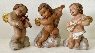 Antique Hand Carved Paint German Putti Cherub Angels Play Musical Instruments X3