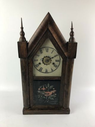 Antique Gilbert Gothic Cathedral Pendulum Mantle Clock Bird Painting 1493