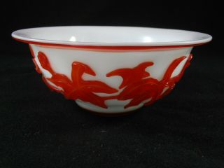 Chinese Peking Glass Bowl Ruby Red Grasshopper Lotus Flowers Bright White Cameo 2