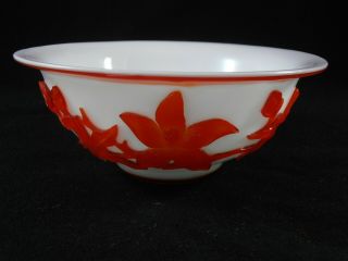Chinese Peking Glass Bowl Ruby Red Grasshopper Lotus Flowers Bright White Cameo 3