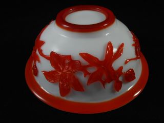 Chinese Peking Glass Bowl Ruby Red Grasshopper Lotus Flowers Bright White Cameo 4
