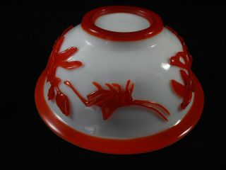 Chinese Peking Glass Bowl Ruby Red Grasshopper Lotus Flowers Bright White Cameo 5