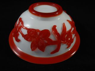 Chinese Peking Glass Bowl Ruby Red Grasshopper Lotus Flowers Bright White Cameo 6