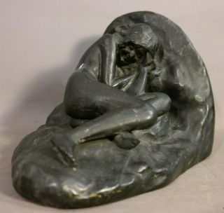 Ca.  1910 Antique Art Deco Era Bronzed Nude Lady On Rocks Sculpture Bookend Statue