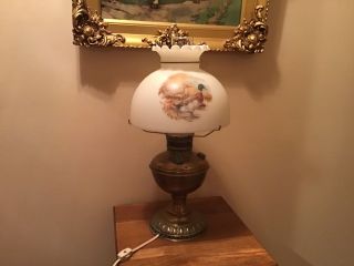 Antique Brass Converted To Electric Oil Lamp With Duck Glass Shade