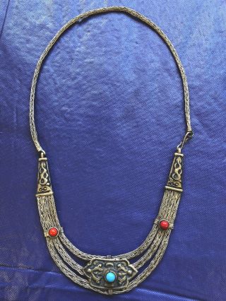 Vintage Tibetan Woven Silver Necklace Tribal Turquoise Red Coral Handmade Ethnic