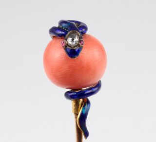 Antique Victorian 15ct Gold,  Diamond,  Coral,  Blue Enamel Snake Tie / Stick Pin