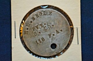 Wwi Single Dog Tag,  Pvt.  H.  L.  Begle S.  Co.  118th Field Artillery