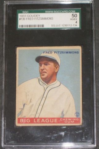 1933 Goudey Fred Fitzsimmons Baseball Card 130 Sgc 50 Vg/ex 4 York Giants