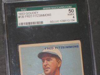 1933 Goudey FRED FITZSIMMONS Baseball Card 130 SGC 50 VG/EX 4 York Giants 2