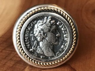 Ancient Silver Roman Coin Sterling Silver 925 & 14k Yellow Gold Ring Size 7.  5