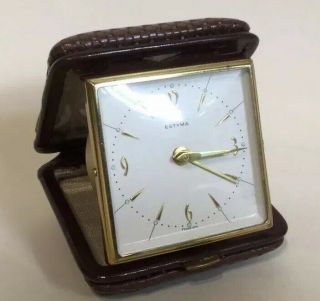 Estyma Travel Alarm Clock Vintage 1970s Brown Leather Case Time Piece