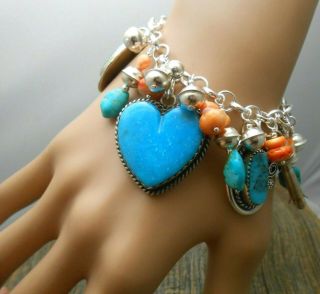 Southwest Joan Slifka heart charm Turquoise SquashBlossom sterling bracelet 10