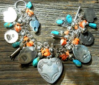 Southwest Joan Slifka heart charm Turquoise SquashBlossom sterling bracelet 12