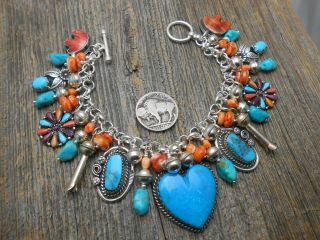 Southwest Joan Slifka Heart Charm Turquoise Squashblossom Sterling Bracelet