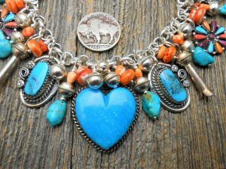 Southwest Joan Slifka heart charm Turquoise SquashBlossom sterling bracelet 2