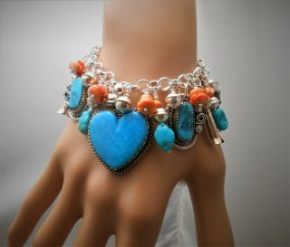 Southwest Joan Slifka heart charm Turquoise SquashBlossom sterling bracelet 3