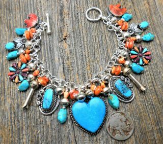 Southwest Joan Slifka heart charm Turquoise SquashBlossom sterling bracelet 4