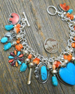 Southwest Joan Slifka heart charm Turquoise SquashBlossom sterling bracelet 5