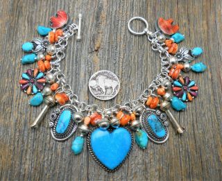 Southwest Joan Slifka heart charm Turquoise SquashBlossom sterling bracelet 6