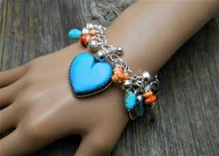 Southwest Joan Slifka heart charm Turquoise SquashBlossom sterling bracelet 7