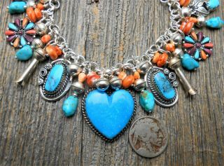 Southwest Joan Slifka heart charm Turquoise SquashBlossom sterling bracelet 8