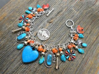 Southwest Joan Slifka heart charm Turquoise SquashBlossom sterling bracelet 9