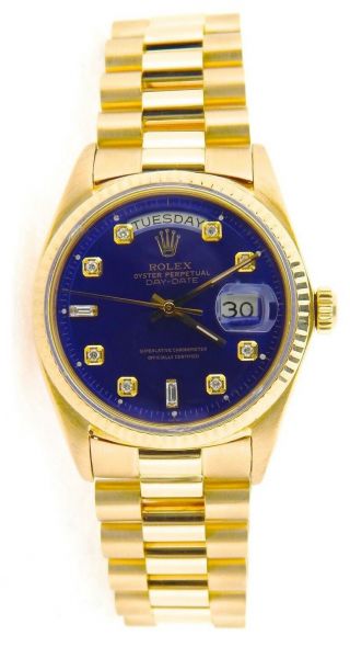 Mens Rolex Day - Date President Solid 18k Yellow Gold Watch Blue Diamond Dial 1803