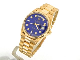 Mens Rolex Day - Date President Solid 18K Yellow Gold Watch Blue Diamond Dial 1803 2