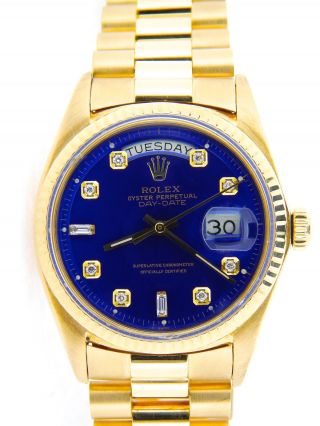 Mens Rolex Day - Date President Solid 18K Yellow Gold Watch Blue Diamond Dial 1803 8
