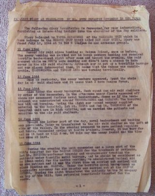 Ww2 Japanese Diary Nakahara Unit Translated By Hq 27th Inft.  On Saipan,  No Reser