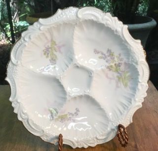 Antique German 5 Welled Oyster Plate W Gold Trim Pearled Rim C.  1930