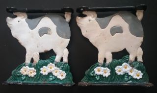 Set of 2 Vintage Cast Iron Pig Shelf Brackets Cute Farm Animal Painted 3