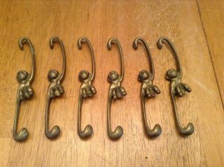 6 Vintage Mcm Brass 5 " Monkey Hooks Chain Holder Hangers Hardware