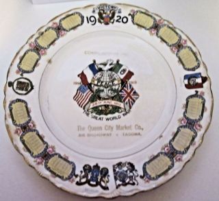 1920 World War One Peace Plate,  Flags,  Dove,  Calendar,  Queen Market Tacoma Wa