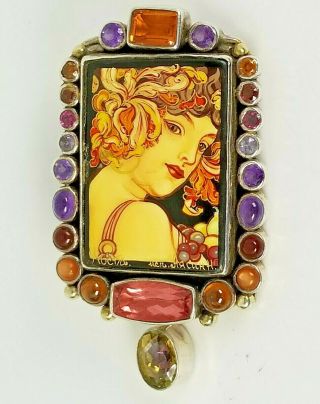 Amy Kahn Russel Russian Hand Painted Cameo Brooch Pendant Multi Gem 925 Silver