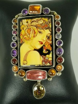 Amy Kahn Russel Russian Hand Painted Cameo Brooch Pendant Multi Gem 925 Silver 2