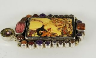 Amy Kahn Russel Russian Hand Painted Cameo Brooch Pendant Multi Gem 925 Silver 4