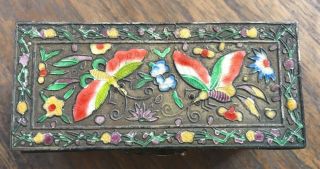 Old Chinese Metal Enamel Stamp Box Butterflies