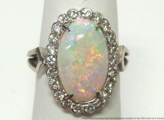 Colorful Natural Fiery Opal Fine Diamond 14k Ring White Gold Ladies Vintage Halo
