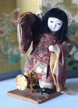 Vintage Japanese Gofun Doll As Butterfly Dancer With Drum Early 1900 